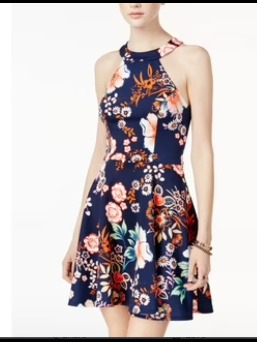 Zunie Navy Floral Halter Mini Dress with Coral and Teal Accents